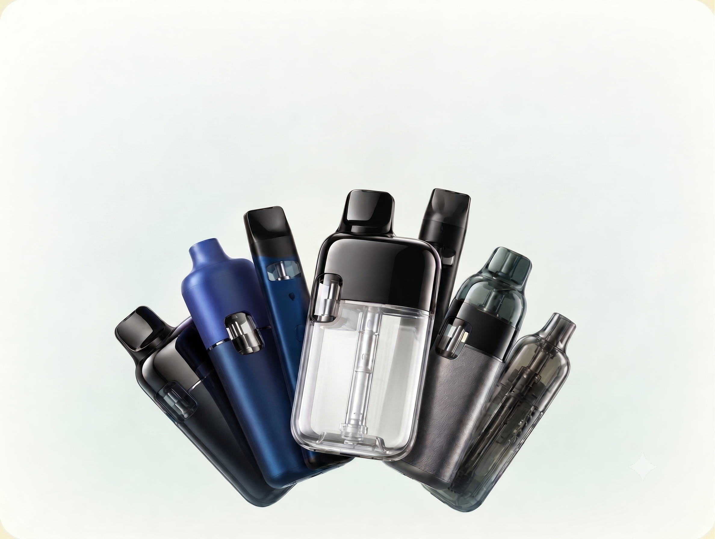 MakeYourVape product range — empty disposables, cartridges and tanks with colorful vapor